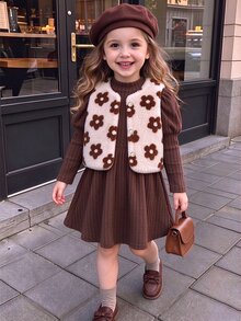 SHEIN Elladie kids 女童 2 件套棕色花卉編織抓絨內裡立領無袖短版修身羅紋外套套裝，附鈕扣，休閒秋冬款 - 棕色 - 查看 2