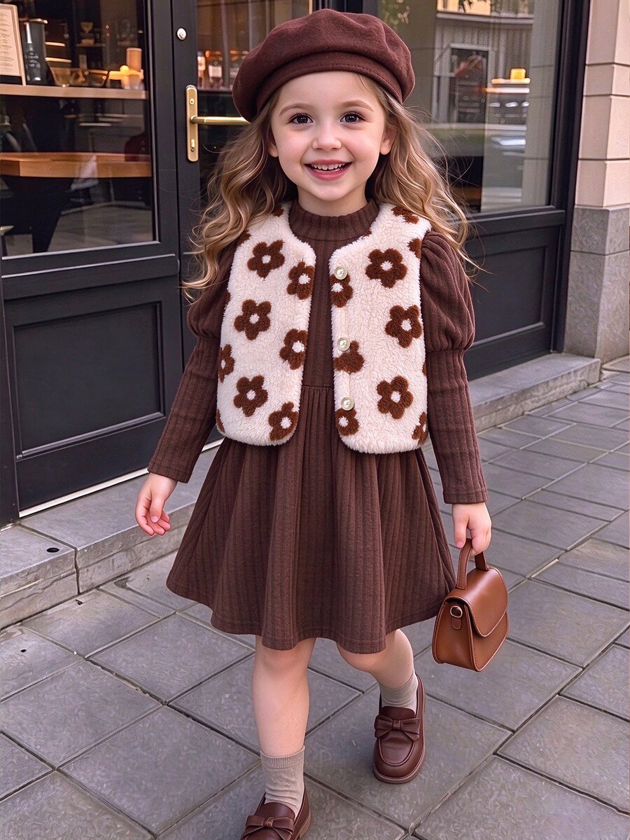 SHEIN Elladie kids 女童 2 件套棕色花卉編織抓絨內裡立領無袖短版修身羅紋外套套裝，附鈕扣，休閒秋冬款