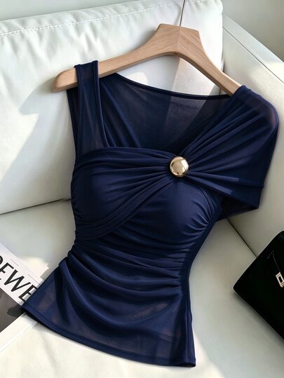 SHEIN Franclia Women's Commuter Streetwear College Minimalist Fashion Casual Versatile, Navy Blue Double Layer Mesh Front Sexy Slightly Sheer Asymmetrical Shoulder Design Pleated With Gold Decorative Buckle Crop Top, Suitable For Spring Festival Outings, Home, Shopping, Entertainment, Work And More, Comfortable Fabric, Unique Style, High Cost-Performance, Spring Summer Autumn Wear