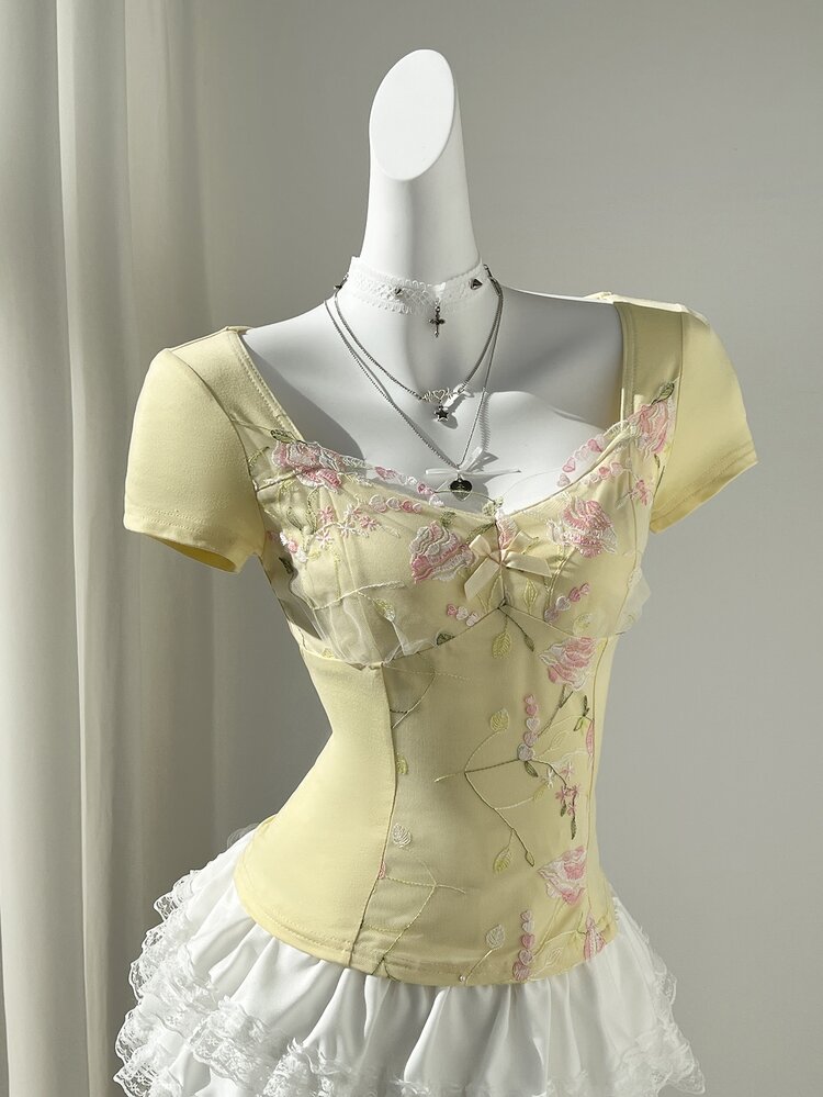 Elamini Yellow Contrast Ruffle Patchwork Heart Neck Waist Cinched Short Sleeve Women's Dress, Retro Elegant Pink Floral,Summer,Casual,Party Vacation - Yellow - View 9