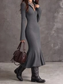 SHEIN Women's Fall Half-Zip Stand Collar Ribbed Knit Dress, Cinched Waist, Flared Long Sleeve, Mermaid Mid-Length Bodycon, Sexy Casual Night Out Dark Grey - Dark Grey - View 4