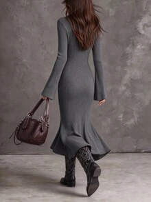 SHEIN Women's Fall Half-Zip Stand Collar Ribbed Knit Dress, Cinched Waist, Flared Long Sleeve, Mermaid Mid-Length Bodycon, Sexy Casual Night Out Dark Grey - Dark Grey - View 2