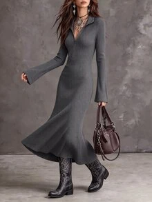 SHEIN Women's Fall Half-Zip Stand Collar Ribbed Knit Dress, Cinched Waist, Flared Long Sleeve, Mermaid Mid-Length Bodycon, Sexy Casual Night Out Dark Grey - Dark Grey - View 3