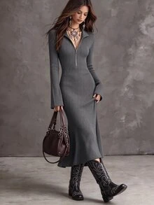 SHEIN Women's Fall Half-Zip Stand Collar Ribbed Knit Dress, Cinched Waist, Flared Long Sleeve, Mermaid Mid-Length Bodycon, Sexy Casual Night Out Dark Grey - Dark Grey - View 5