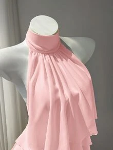 Elamini 白色雪纺立领露背吊带荷叶边衬衫，女士夏季通勤甜美可爱度假浪漫简约设计百搭 - 粉色 - 查看 7