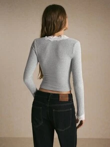 Poéselle Women's White Lace Contrast Rib-Knit Cardigan Top, Slim Fit Stretchy Soft Velvet Feel Long Sleeve Tee For Casual Date Night & Streetwear - Light Grey - View 3