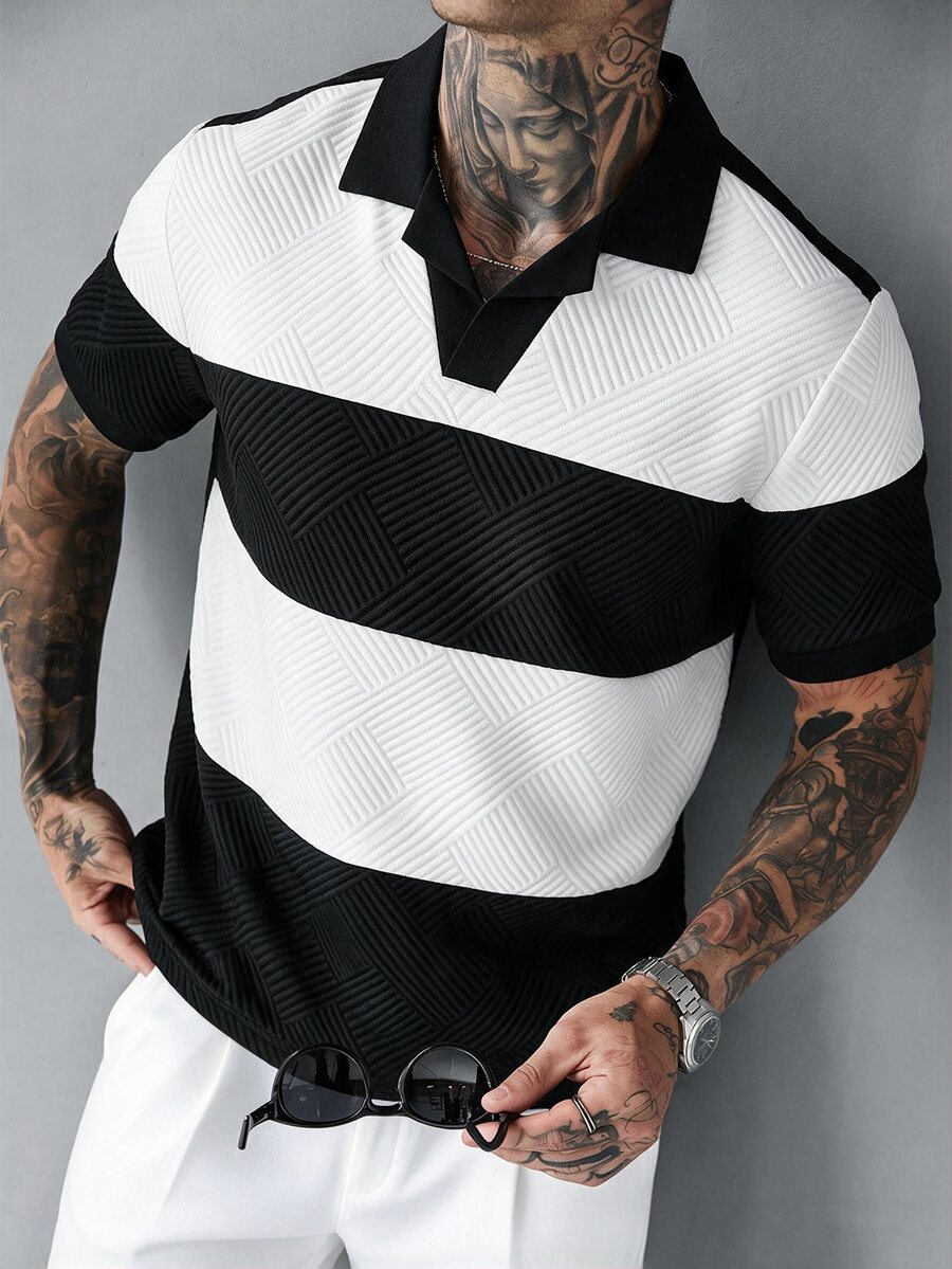 Manfinity CasualCool 男士黑白條紋拼接短袖 Polo 衫,適合辦公、度假、夏季休閒街頭穿搭 - 黑色 - 查看 1