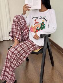 2件組女童青少年兩件式居家服套裝，長袖上衣搭配拼接印花，全數位印花長褲，牛奶絲面料，舒適居家穿著 - 白色 - 查看 2