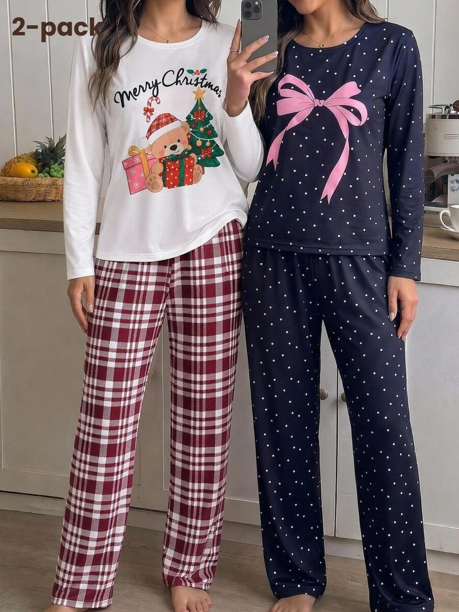 2件組女童青少年兩件式居家服套裝,長袖上衣搭配拼接印花,全數位印花長褲,牛奶絲面料,舒適居家穿著 - 白色 - 查看 1