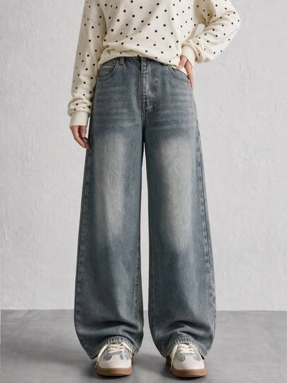SHEIN Tween Girls Vintage Wash Wide Leg Jeans, High Waist Elastic Back Baggy Denim Pants American Retro Aesthetic Streetwear Autumn Winter