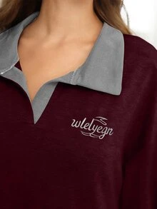 Al Najma Women's Gray Knit Sweatshirt Dress With Collar, Letter Embroidery, Straight Silhouette, New Fashionable Loose Fit - Burgundy - View 6