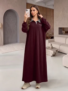 Al Najma Women's Gray Knit Sweatshirt Dress With Collar, Letter Embroidery, Straight Silhouette, New Fashionable Loose Fit - Burgundy - View 7