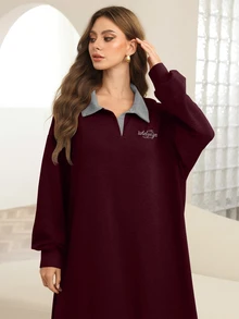 Al Najma Women's Gray Knit Sweatshirt Dress With Collar, Letter Embroidery, Straight Silhouette, New Fashionable Loose Fit - Burgundy - View 5