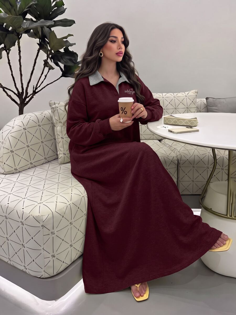 Al Najma Women's Gray Knit Sweatshirt Dress With Collar, Letter Embroidery, Straight Silhouette, New Fashionable Loose Fit - Burgundy - View 1