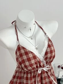 Elamini 红白格子V领露背蝴蝶结装饰荷叶边下摆吊带背心，适合春夏、度假、复古、优雅、可爱、浪漫、简约、返校等各种场合，百搭时尚。 - 紅色 - 查看 4