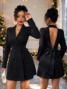 Elenzga New Women's Blazer Collar Double-Breasted Deep V-Neck Big Bow Design Long Sleeve Fitted Cocktail Mini Dress,Black,Autumn,Elegant,Bar Party,Winter - Black - View 1