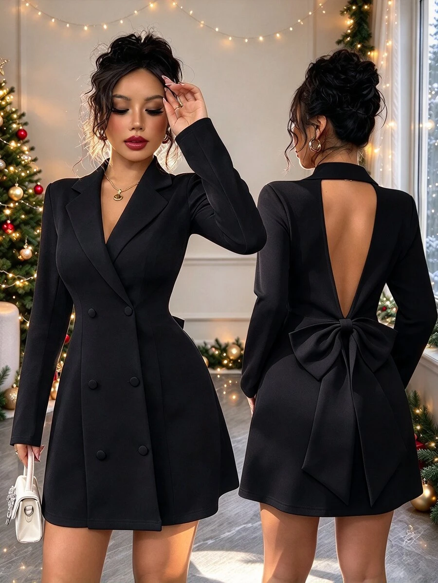 Elenzga New Women's Blazer Collar Double-Breasted Deep V-Neck Big Bow Design Long Sleeve Fitted Cocktail Mini Dress,Black,Autumn,Elegant,Bar Party,Winter - Black - View 1