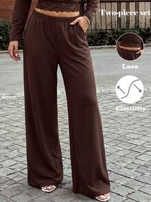 SHEIN New Fashion V-Neck Cinched Waist Top And High-Waist Straight Leg Pants Knit 2 Pieces Set, Autumn/Winter Style, Suitable For Streetwear And Commuting - Brown - View 9