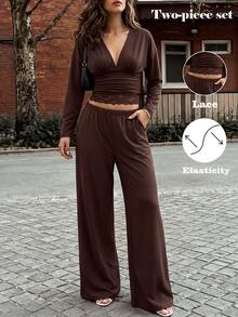SHEIN New Fashion V-Neck Cinched Waist Top And High-Waist Straight Leg Pants Knit 2 Pieces Set, Autumn/Winter Style, Suitable For Streetwear And Commuting - Brown - View 5