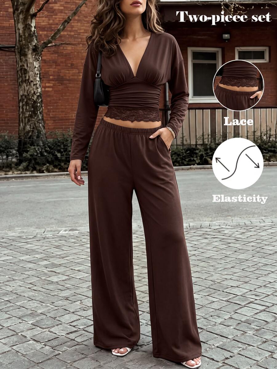 SHEIN New Fashion V-Neck Cinched Waist Top And High-Waist Straight Leg Pants Knit 2 Pieces Set, Autumn/Winter Style, Suitable For Streetwear And Commuting