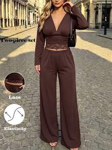 SHEIN New Fashion V-Neck Cinched Waist Top And High-Waist Straight Leg Pants Knit 2 Pieces Set, Autumn/Winter Style, Suitable For Streetwear And Commuting - Brown - View 4