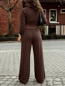 SHEIN New Fashion V-Neck Cinched Waist Top And High-Waist Straight Leg Pants Knit 2 Pieces Set, Autumn/Winter Style, Suitable For Streetwear And Commuting - Brown - View 3