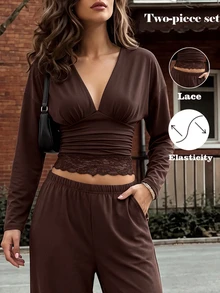 SHEIN New Fashion V-Neck Cinched Waist Top And High-Waist Straight Leg Pants Knit 2 Pieces Set, Autumn/Winter Style, Suitable For Streetwear And Commuting - Brown - View 2