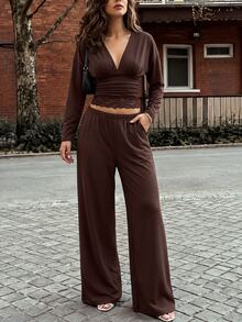SHEIN New Fashion V-Neck Cinched Waist Top And High-Waist Straight Leg Pants Knit 2 Pieces Set, Autumn/Winter Style, Suitable For Streetwear And Commuting - Brown - View 10