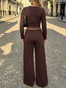 SHEIN New Fashion V-Neck Cinched Waist Top And High-Waist Straight Leg Pants Knit 2 Pieces Set, Autumn/Winter Style, Suitable For Streetwear And Commuting - Brown - View 11
