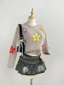 LUMIGAL Women's Fall Lazy Cute Romantic Casual Fashion Versatile Daily Brunch Photo Party Fun Floral Pullover Sweater Beige - Multicolor - View 5