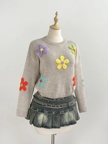 LUMIGAL Women's Fall Lazy Cute Romantic Casual Fashion Versatile Daily Brunch Photo Party Fun Floral Pullover Sweater Beige - Multicolor - View 7