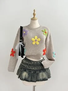 LUMIGAL Women's Fall Lazy Cute Romantic Casual Fashion Versatile Daily Brunch Photo Party Fun Floral Pullover Sweater Beige - Multicolor - View 4