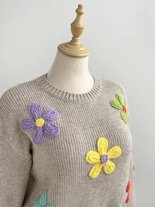 LUMIGAL Women's Fall Lazy Cute Romantic Casual Fashion Versatile Daily Brunch Photo Party Fun Floral Pullover Sweater Beige - Multicolor - View 8