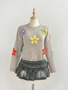 LUMIGAL Women's Fall Lazy Cute Romantic Casual Fashion Versatile Daily Brunch Photo Party Fun Floral Pullover Sweater Beige - Multicolor - View 6