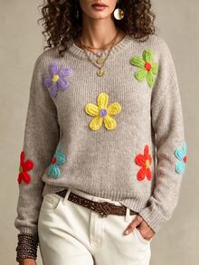 LUMIGAL Women's Fall Lazy Cute Romantic Casual Fashion Versatile Daily Brunch Photo Party Fun Floral Pullover Sweater Beige - Multicolor - View 3