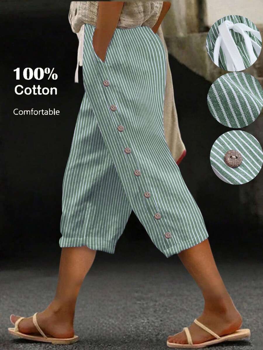 Linhara CURVE Plus Size Women's Green Summer Boho Vacation Holiday Cotton Striped Capri Pants,Comfortable Basic Trousers With Button Decor,Beach Wear - Green - View 1