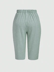Linhara CURVE Plus Size Women's Green Summer Boho Vacation Holiday Cotton Striped Capri Pants,Comfortable Basic Trousers With Button Decor,Beach Wear - Green - View 2