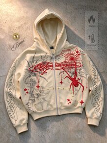 ROMWE MEN 2026秋冬新款中性情侶款品牌復古重磅連帽衛衣外套，美式復古圖案設計，男士連帽衛衣，女士街頭時尚休閒Y2K風格冬季衛衣 - 灰色 - 查看 6
