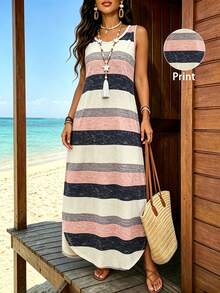 SHEIN LUNE CURVE Striped Casual Plus Size Dress With Personalized Maxi Women Outfit - Multicolor - View 6