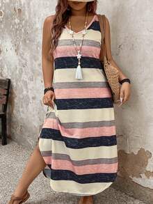 SHEIN LUNE CURVE Striped Casual Plus Size Dress With Personalized Maxi Women Outfit - Multicolor - View 8