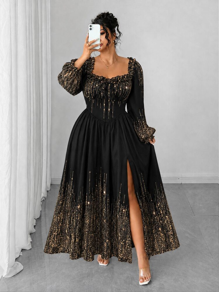 Rometta Plus Size Women's Square Neck Puff Long Sleeve Loose Dress With Frill Trim, Drawstring Front, Ombre Meteor Gold Foil Pattern, Flared Hem, Elegant For Beach Vacation, Couple Afternoon Tea Date, Best Friend Gathering, Short Trip - Black - View 11