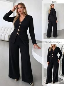 Vionelle Plus Size Autumn/Winter Commute Premium Ribbed Knit Set, Long Sleeve V-Neck Top With Asymmetrical Hem Design, Sun, Shell, Starfish Element Buttons + Draped Wide Leg Knit Pants - Dark Grey - View 1