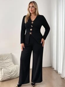 Vionelle Plus Size Autumn/Winter Commute Premium Ribbed Knit Set, Long Sleeve V-Neck Top With Asymmetrical Hem Design, Sun, Shell, Starfish Element Buttons + Draped Wide Leg Knit Pants - Dark Grey - View 5