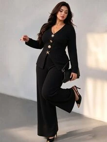 Vionelle Plus Size Autumn/Winter Commute Premium Ribbed Knit Set, Long Sleeve V-Neck Top With Asymmetrical Hem Design, Sun, Shell, Starfish Element Buttons + Draped Wide Leg Knit Pants - Dark Grey - View 6