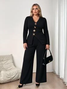 Vionelle Plus Size Autumn/Winter Commute Premium Ribbed Knit Set, Long Sleeve V-Neck Top With Asymmetrical Hem Design, Sun, Shell, Starfish Element Buttons + Draped Wide Leg Knit Pants - Dark Grey - View 3