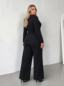 Vionelle Plus Size Autumn/Winter Commute Premium Ribbed Knit Set, Long Sleeve V-Neck Top With Asymmetrical Hem Design, Sun, Shell, Starfish Element Buttons + Draped Wide Leg Knit Pants - Dark Grey - View 2