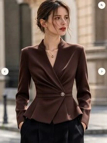 Yalmera Women's Autumn Solid Color Long Sleeve Pleated Design Metal Single Button Jacket - Brown - View 3