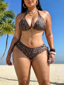 Swim Vcay Plus Size Printed Halter Strap Triangle Bikini Set With Metal Decor,High-Waist Cutout Tie-Side Bottoms, & Elegant Summer Beach Vacation Holiday - Multicolor - View 4