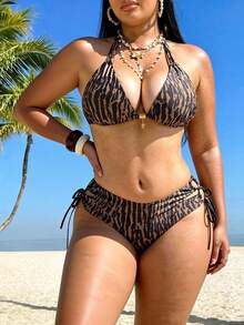 Swim Vcay Plus Size Printed Halter Strap Triangle Bikini Set With Metal Decor,High-Waist Cutout Tie-Side Bottoms, & Elegant Summer Beach Vacation Holiday - Multicolor - View 1