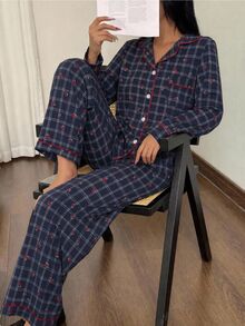 復古櫻桃印花長袖翻領開襟衫與長褲兩件套，休閒舒適居家服，適合青少年女孩 - 彩色 - 查看 8